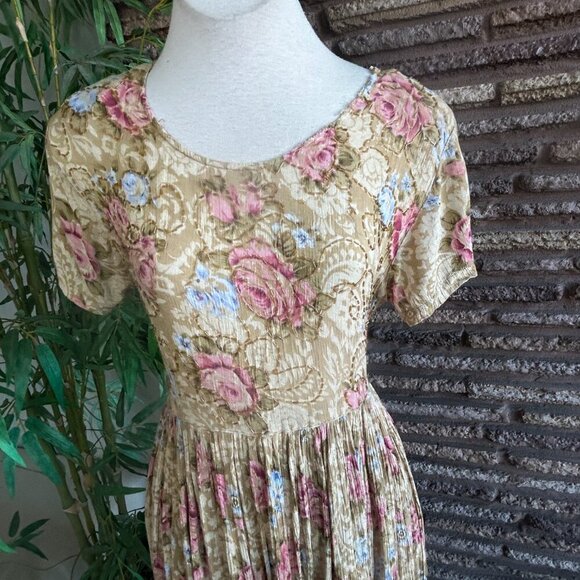 Jane Ashley Vintage 90s Gold Beaded Floral Grunge Back Tie Dress Size Small - Picture 11 of 13